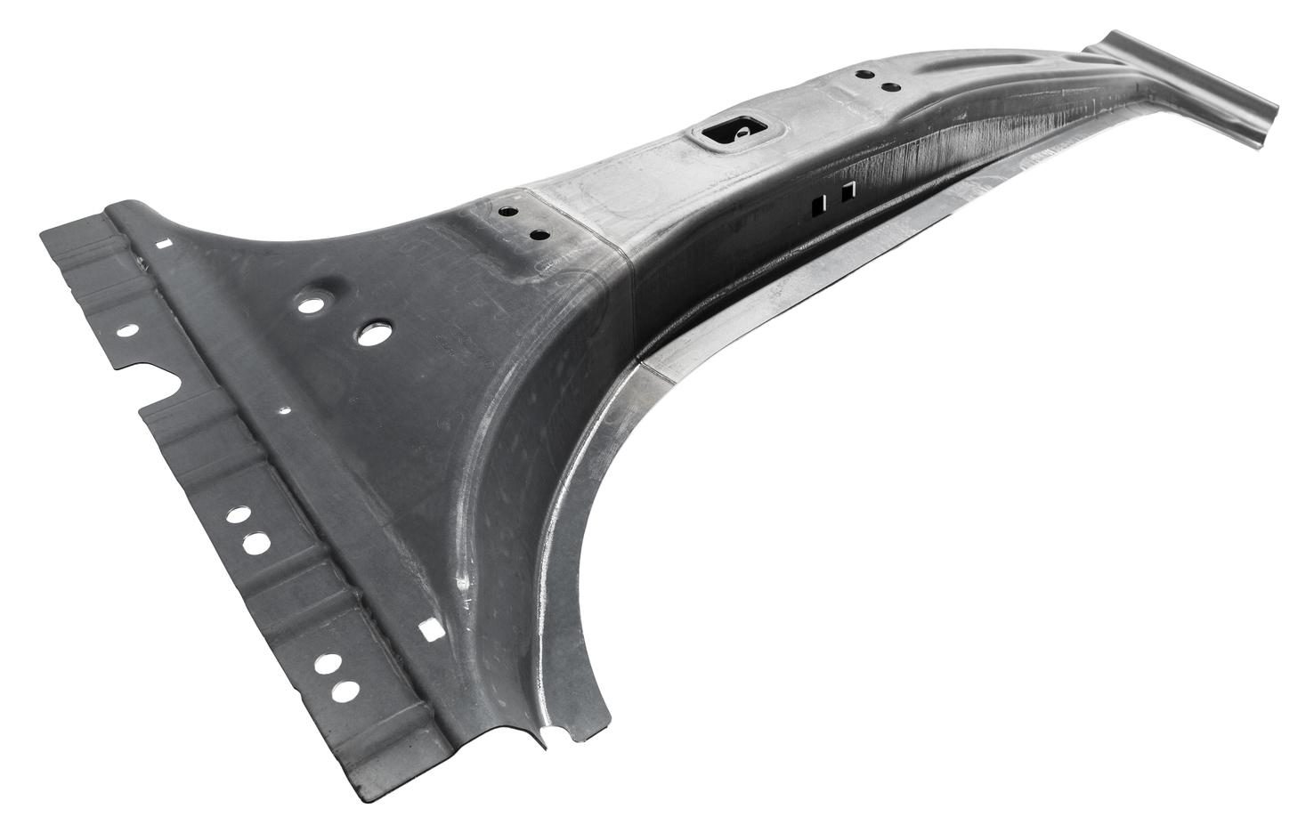 Welded sheet metal with various hardening properties and varying thickness enables customization of collision properties in vehicle parts such as this B-pillar. 