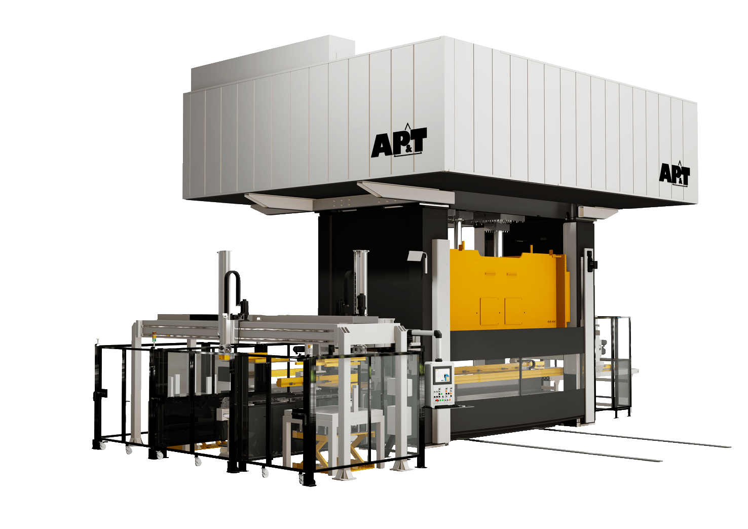 With high stroke frequency, full synchronization and compensation for off-center loads, AP&T’s servo hydraulic press is well suited to transfer solutions.