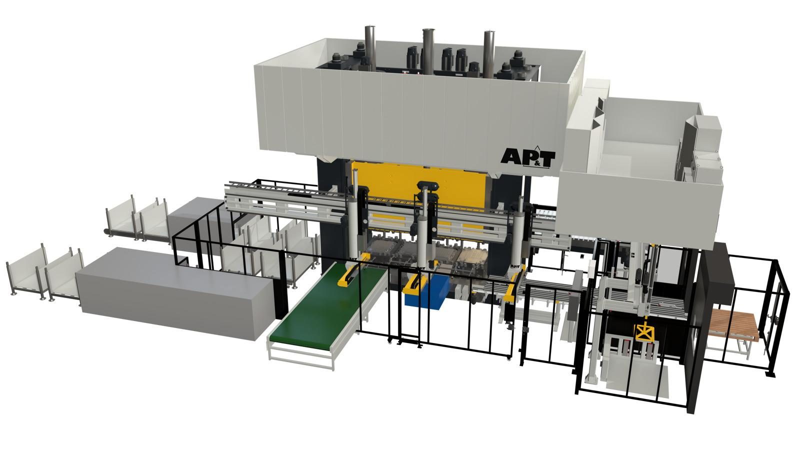 3D visualization of the servo press line from AP&T, featuring a 1,500-ton servo press with servo cushion, integrated blank destacker, three AP&T SpeedFeeder® units, and automated stacking in a compact, high-efficiency layout.